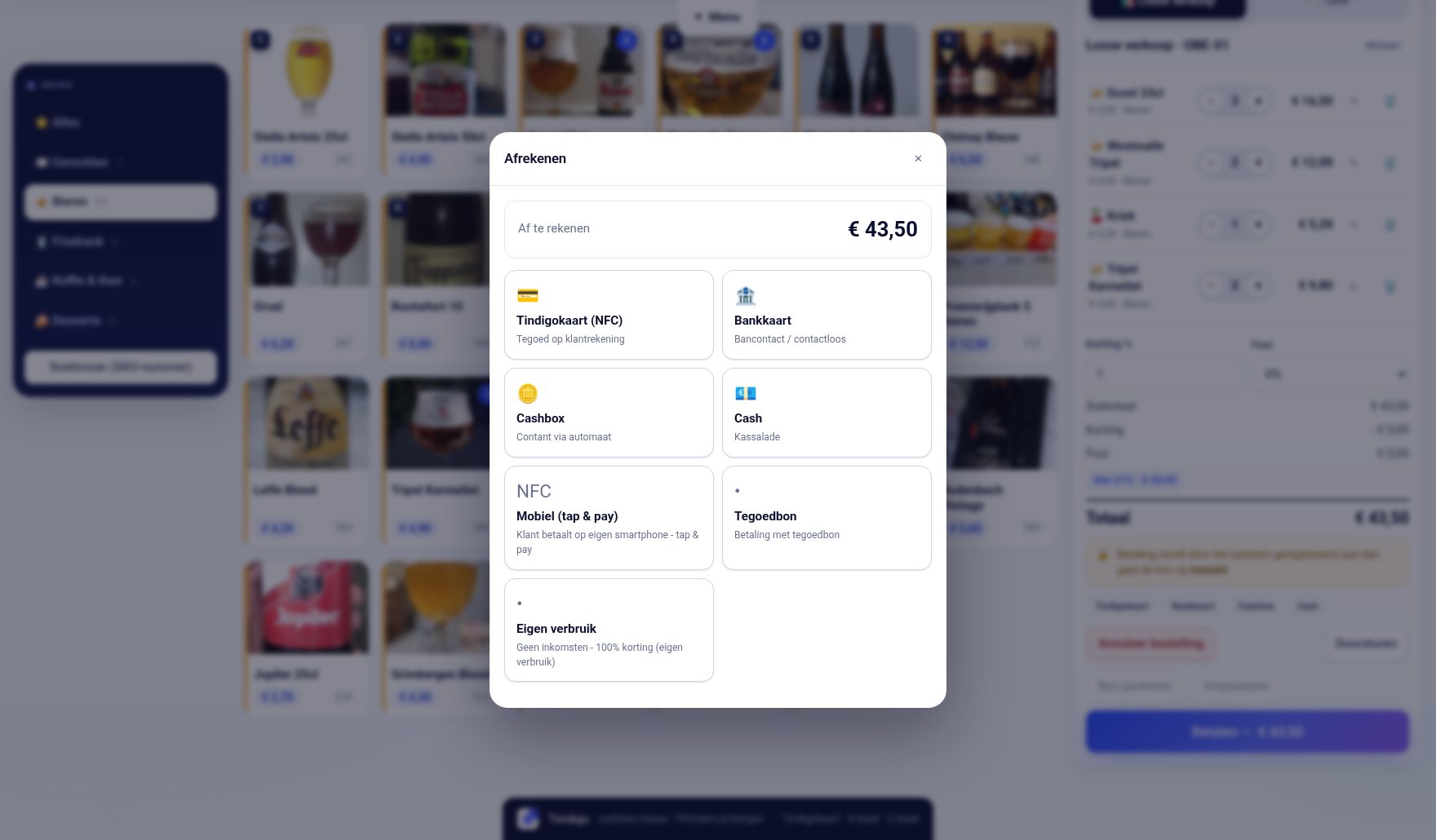 Afrekenen: Tindigokaart, bankkaart, cash of mobiel